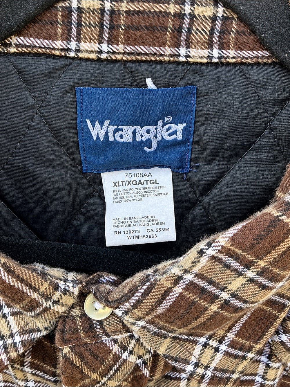 Wrangler Brown Plaid Quilted Lined Western Shirt Jacket Men’s XL Pearl Snap - Picture 3 of 5